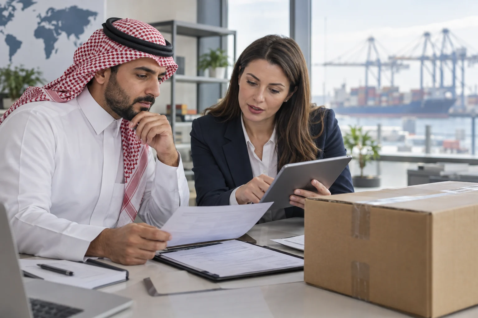 مستورد وأخصائية لوجستية يراجعان أوراق الشحنة