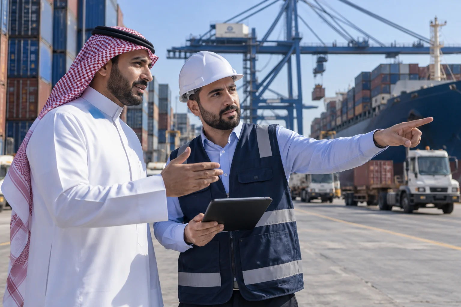 مستورد ومختص لوجستي يتناقشان في ميناء حاويات